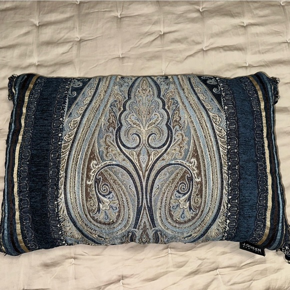 J. QUEEN Chenille Damask Blue Tasseled Beaded Boudoir Throw Pillow REPAIR NEEDED - Picture 1 of 16